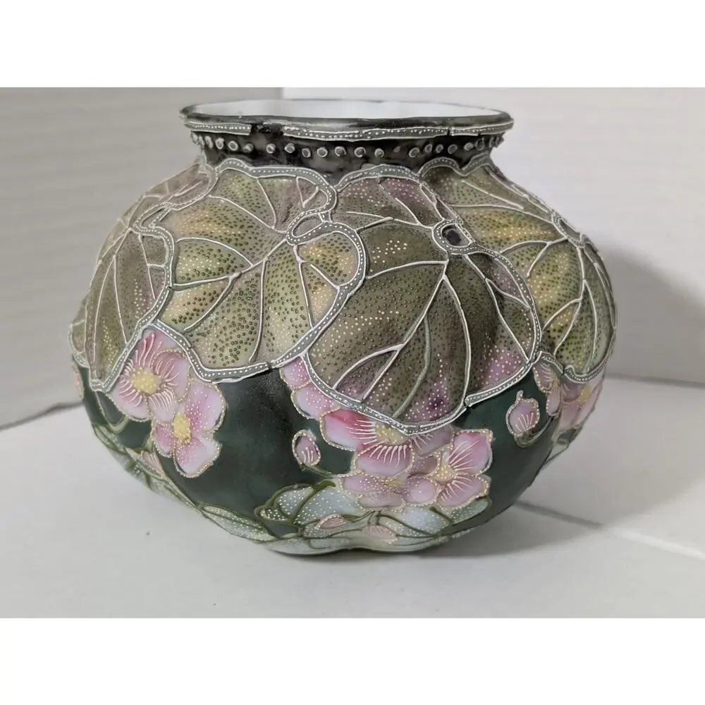 Antique Nippon Moriage Lobed Porcelain Vase Lotus Leaf Floral